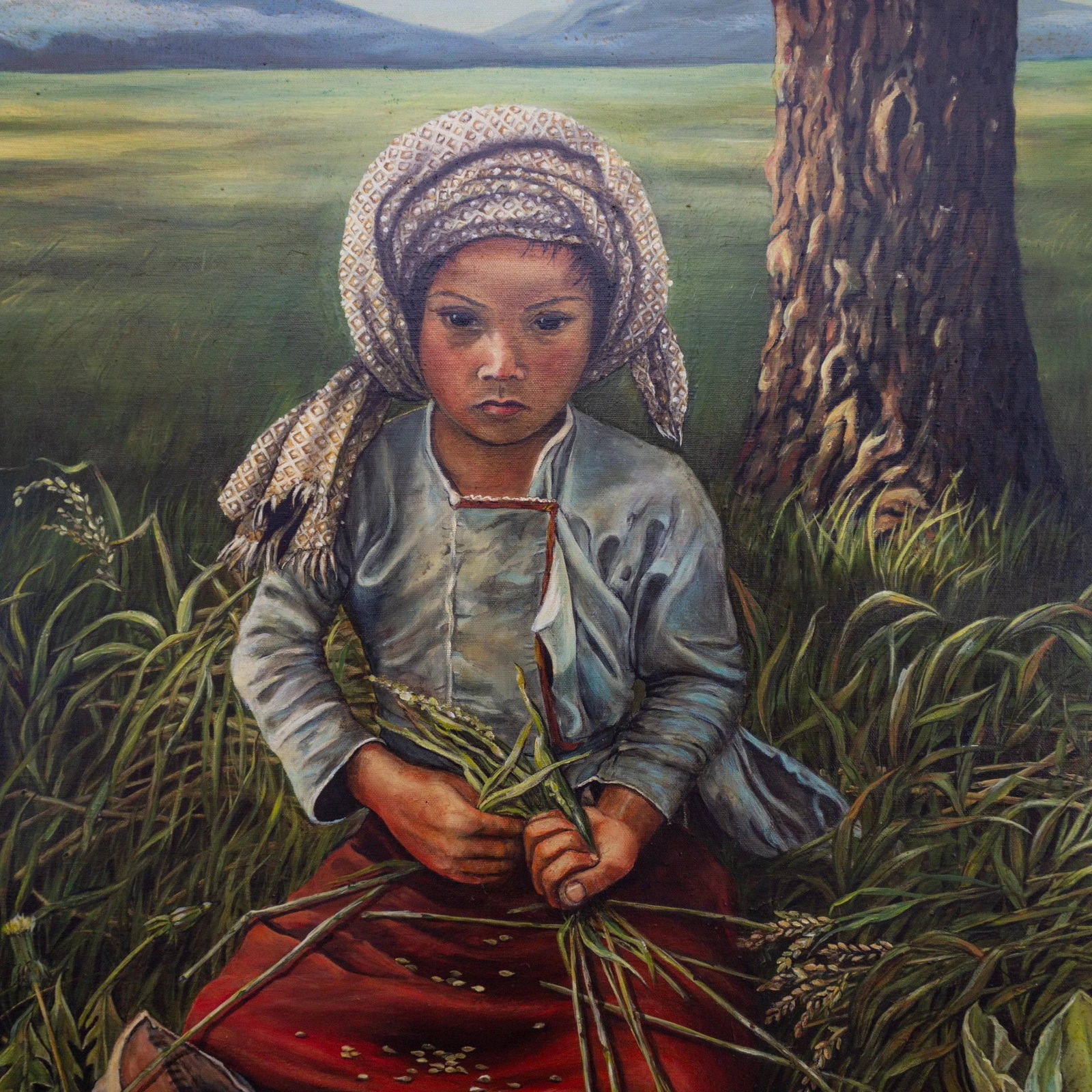 Oil Painting Portrait of an Asian Girl in a Field | Signed and Framed - 4