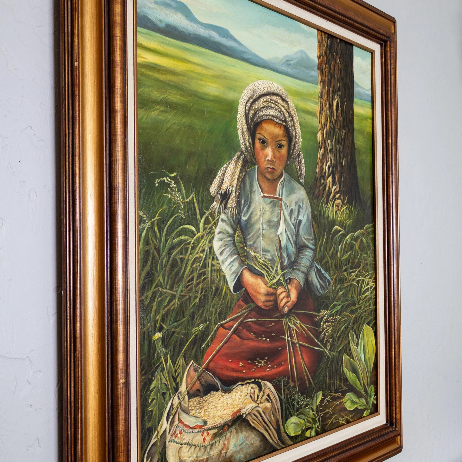 Oil Painting Portrait of an Asian Girl in a Field | Signed and Framed - 7
