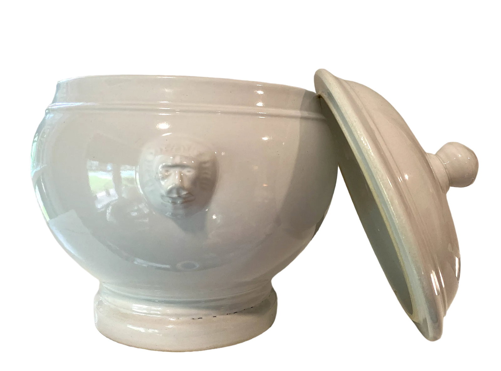Antique French White Ironstone Tureen Lion Face Handles and Lid - 3