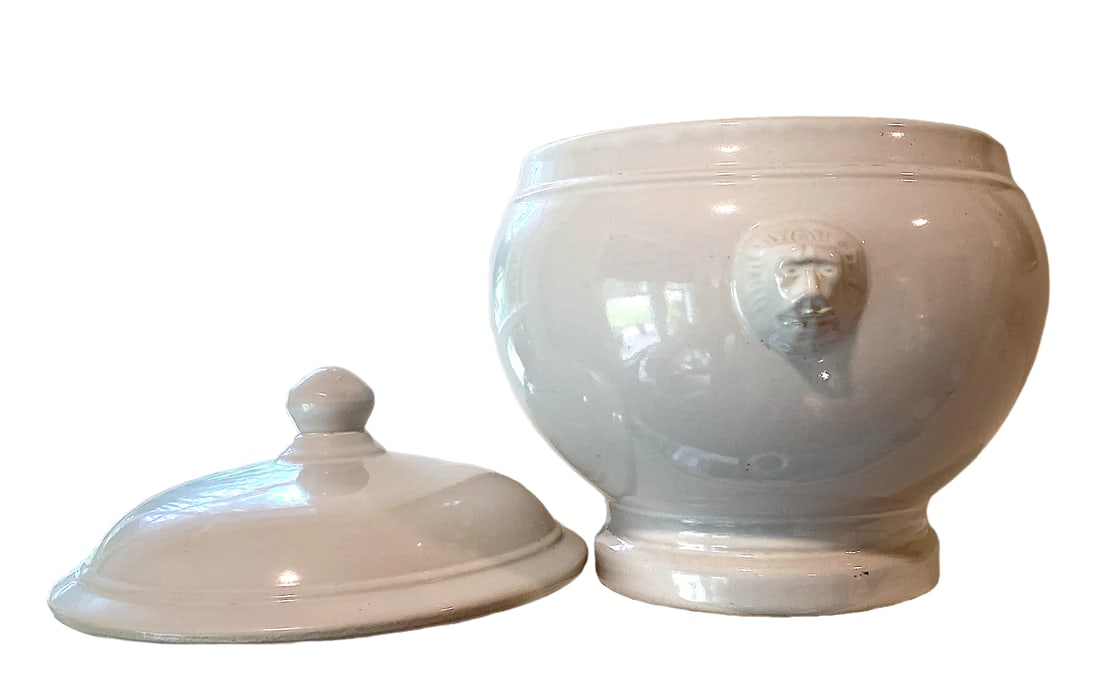 Antique French White Ironstone Tureen Lion Face Handles and Lid - 4