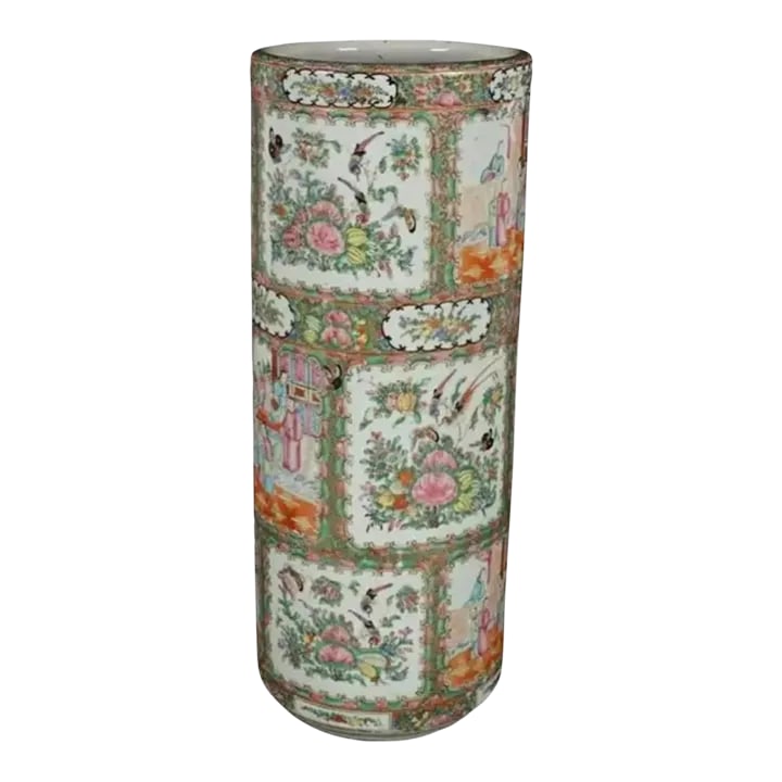 Antique Chinese Rose Medallion Umbrella Stand: Antique 19th Century Chinese rose medallion umbrella stand. Vibrant floral and figures in colors of pink, red, green, etc. on a white background. Condition: Alterations: Original Condition Unaltered