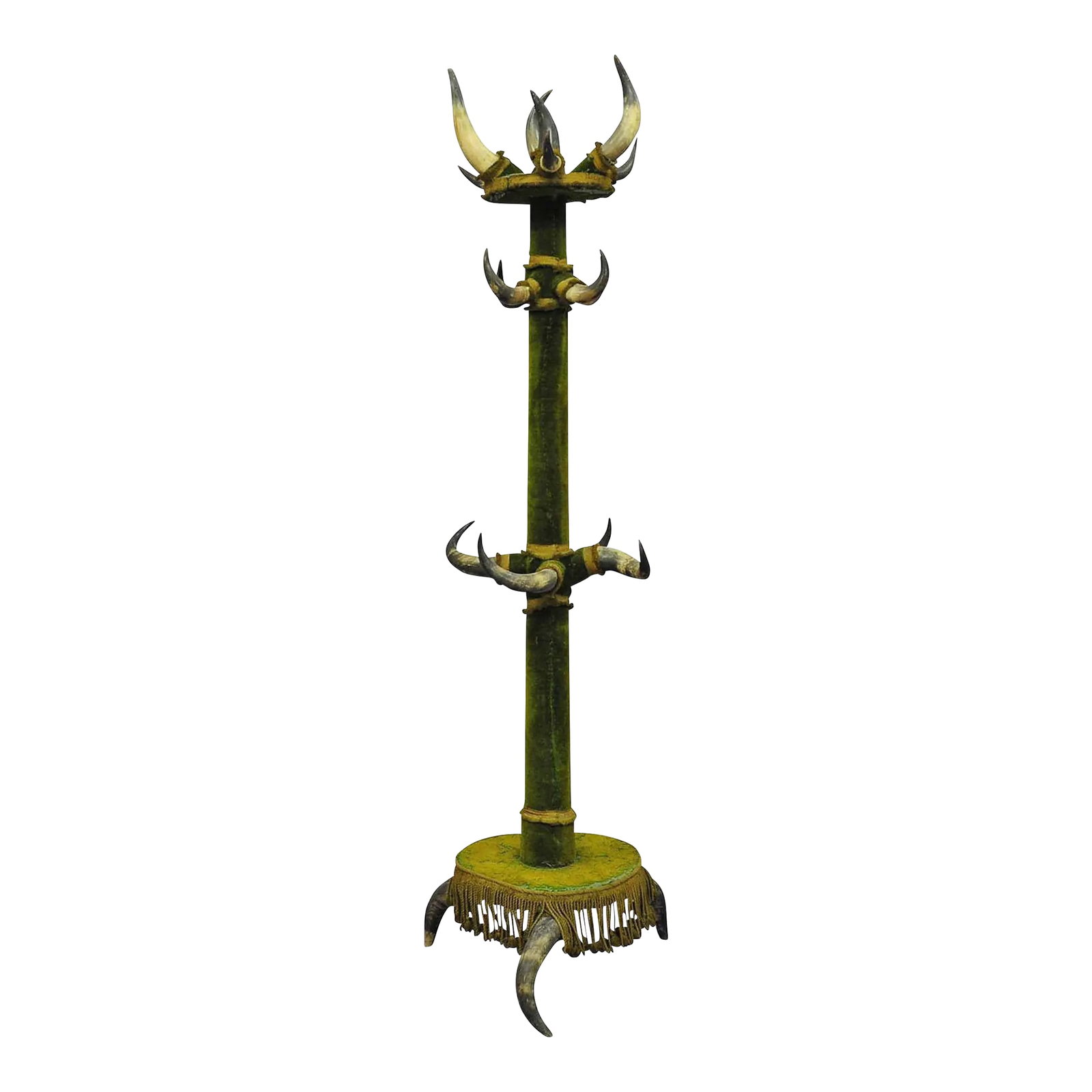 Antique Bull Horn Hall Stand Ca.1870: Antique Bull Horn Hall Stand ca.1870 A large bull horn hall stand made of wood, original Austrian cattle horns and a green velvet cover. Manufactured in Austria ca. 1870. Sturdy condition with