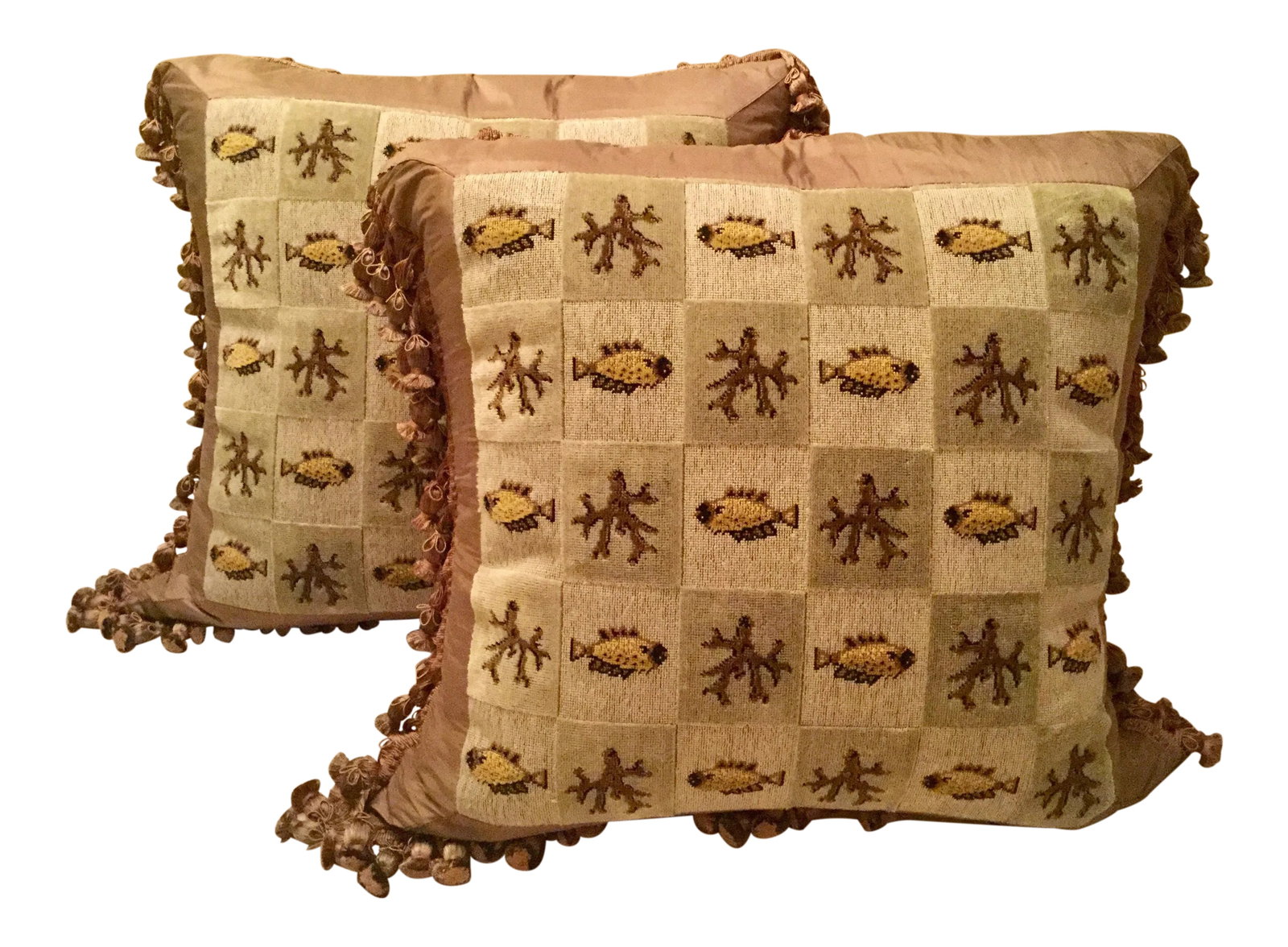 Custom Tailored Beachy Silk Tassel Trim Tapestry Pillows - a Pair (1 of 9)