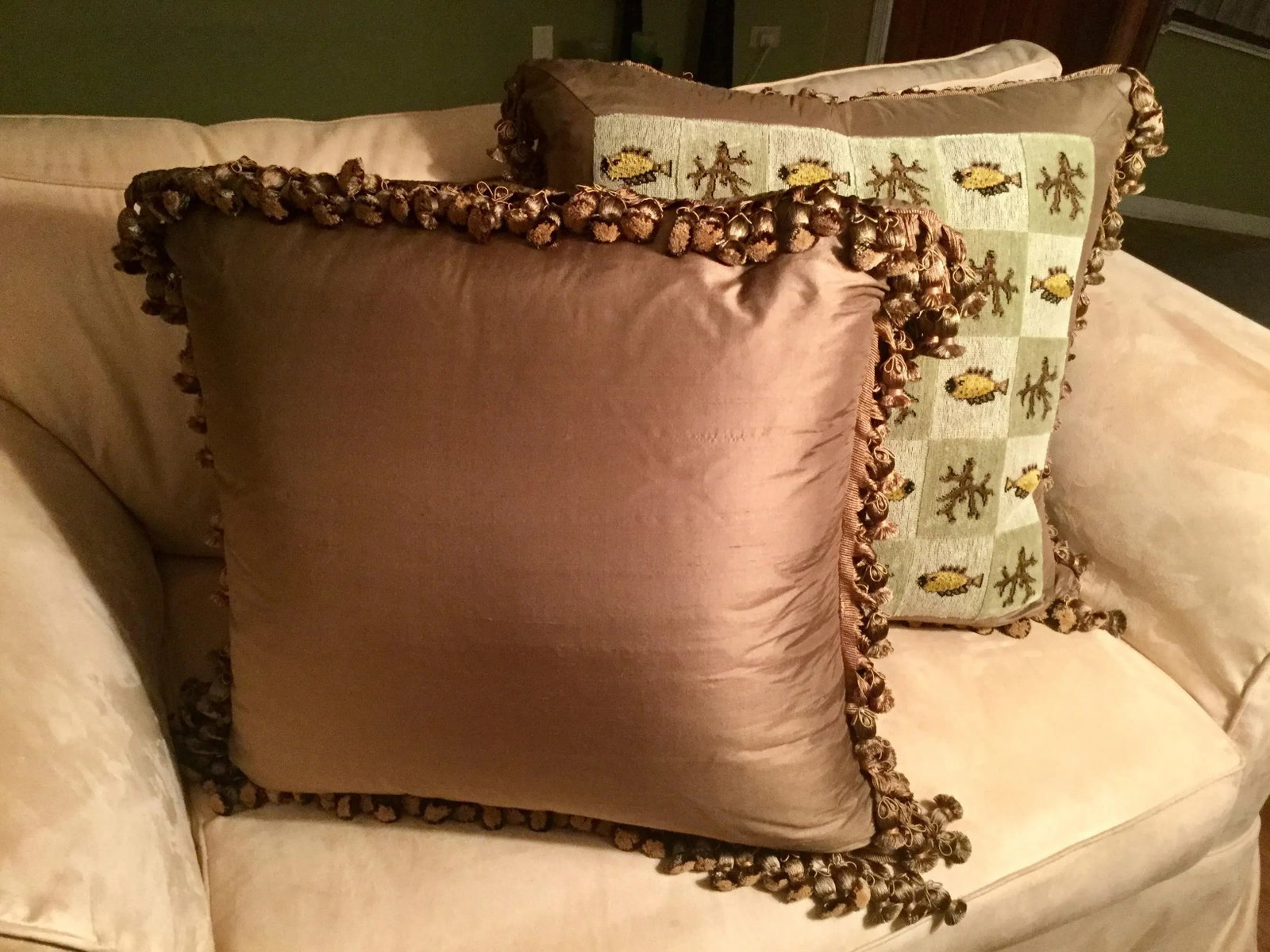 Custom Tailored Beachy Silk Tassel Trim Tapestry Pillows - a Pair - 2
