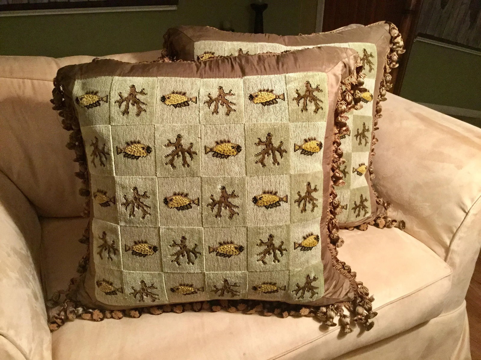 Custom Tailored Beachy Silk Tassel Trim Tapestry Pillows - a Pair - 4