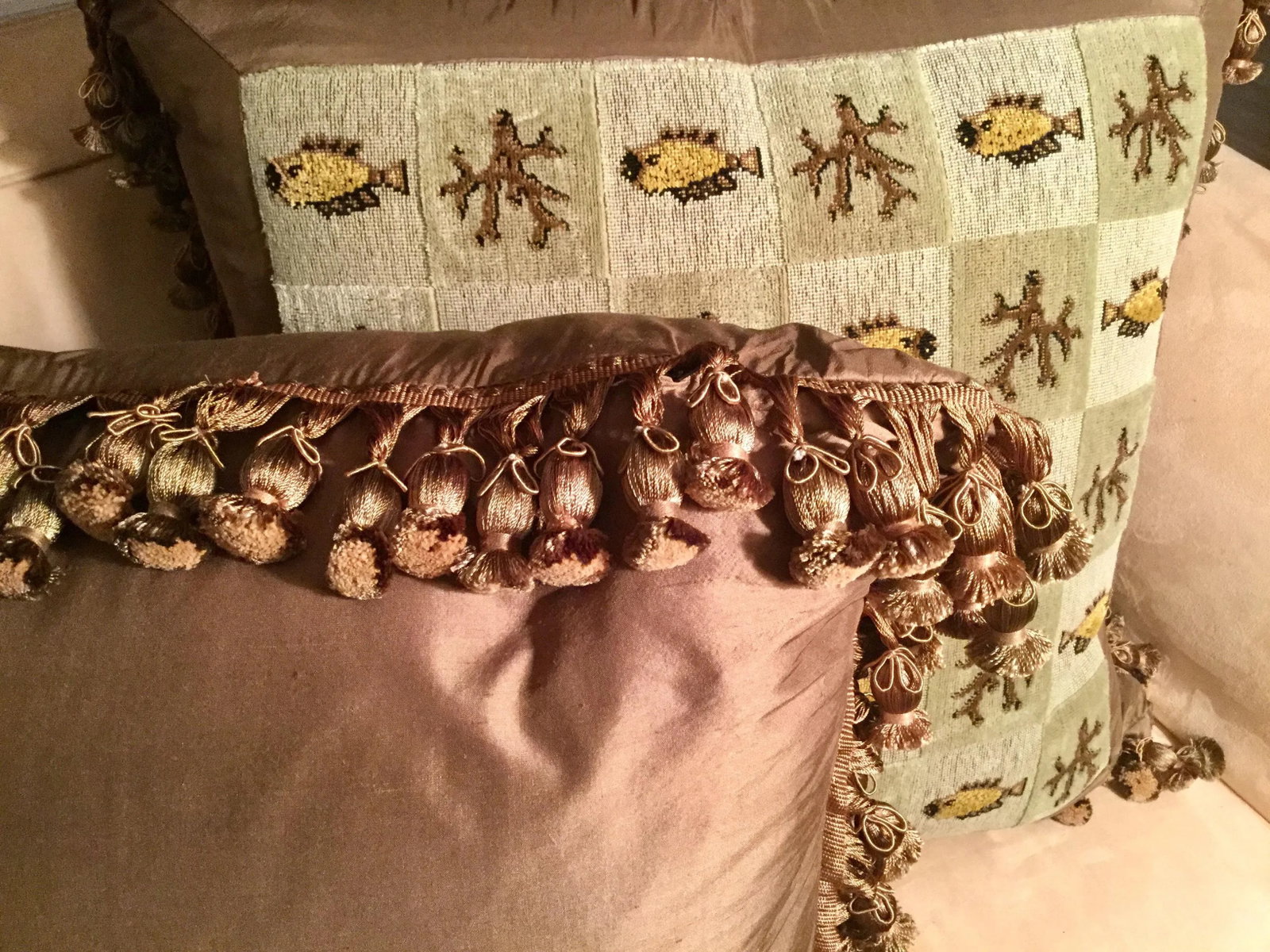 Custom Tailored Beachy Silk Tassel Trim Tapestry Pillows - a Pair - 5