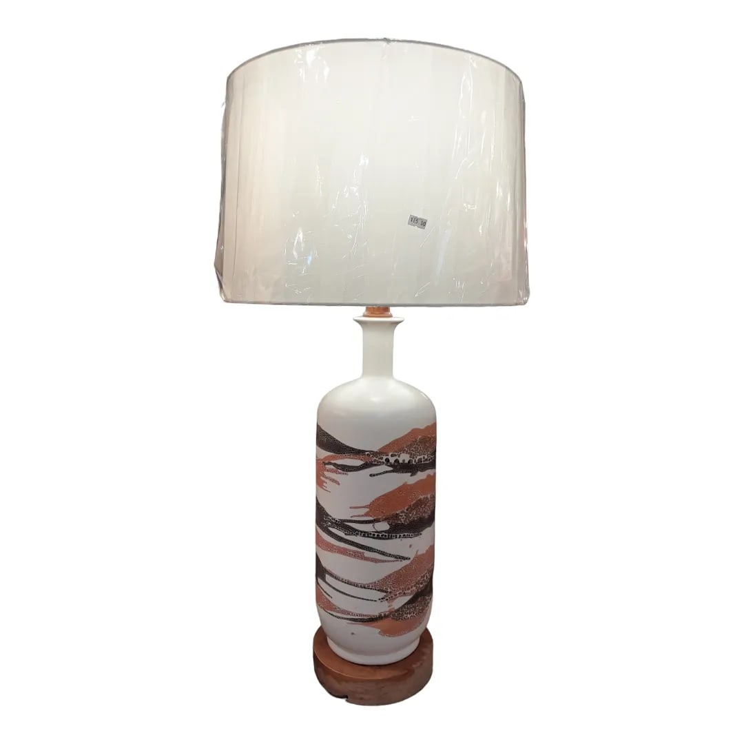 1960s Large Vintage Haeger Pottery Orange Peel Earthenware Pottery Lamp With Silk Drum Shade - 2