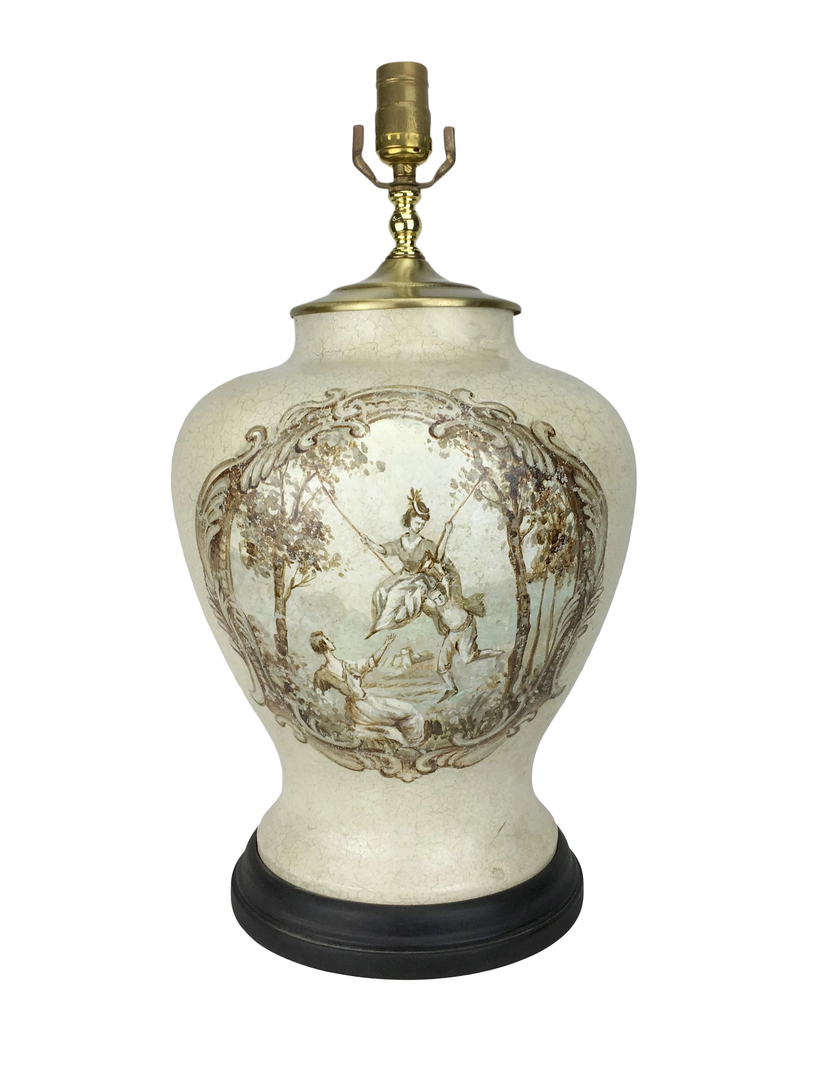 20th Century French Hand-Painted Table Lamp: Inspired by the famous french painter Jean-Honore Fragonard, this lamp gives a classic french painting feeling. Condition: Imperfections: Some Imperfections Condition Notes: In good condition with