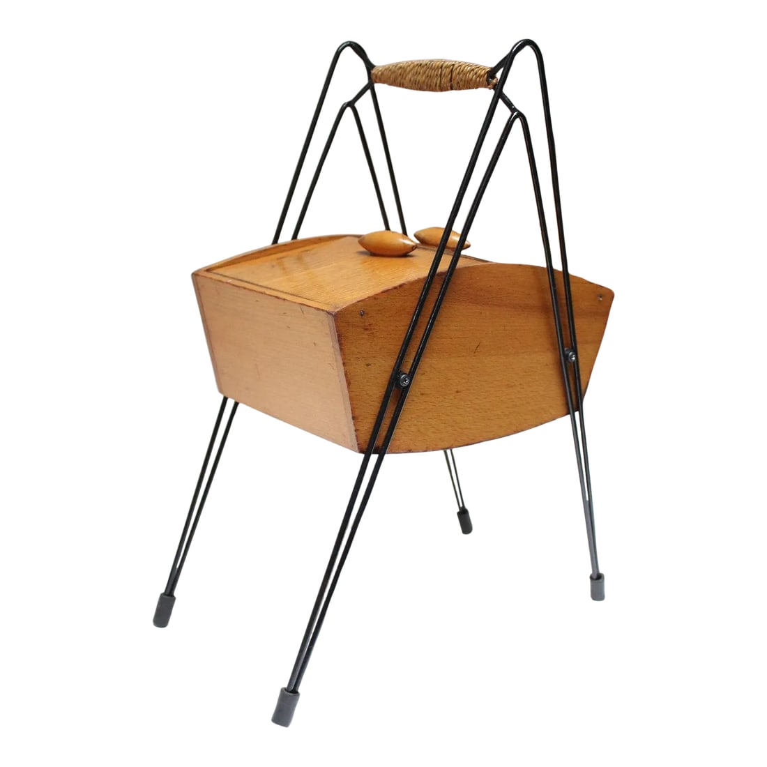 Petite Mid-Century Italian Maple and Metal Sewing Box: Charming, petite maple sewing box with black painted metal frame and cane-wrapped handle, all supported by rubber feet (ca. 1950s, Italy). Minimalist design with simple dual-door construction fitted