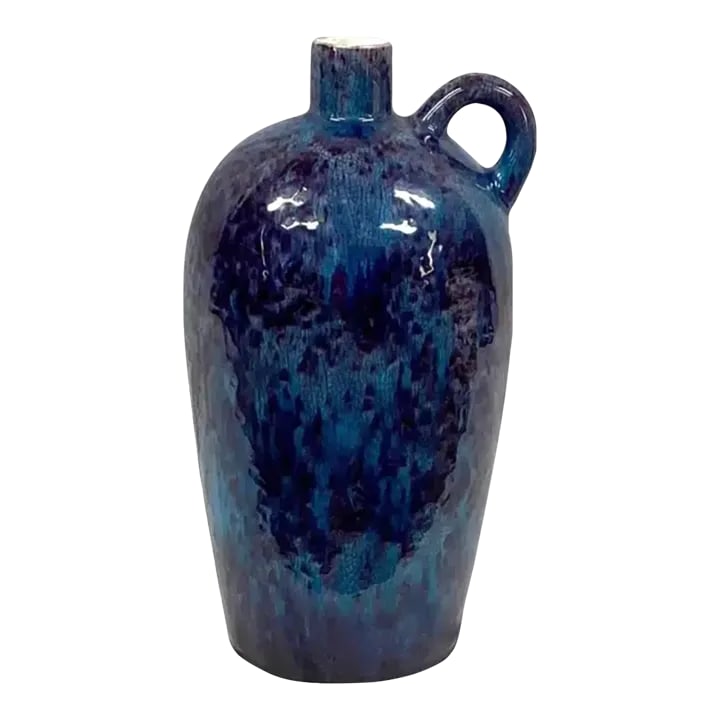 Royal Haeger American Art Pottery Vase/Jug: Mid-century Royal Haeger drip glaze pottery vase. Colors featured are rich purple and turquoise. Rounded handle in upper edge of vase. Marked on bottom "Royal Haeger 432-H U.S.A.". Great piece for