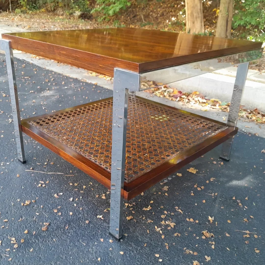Mid 20th Century Milo Baughman Style Rosewood, Cane and Chrome Side Table - 4