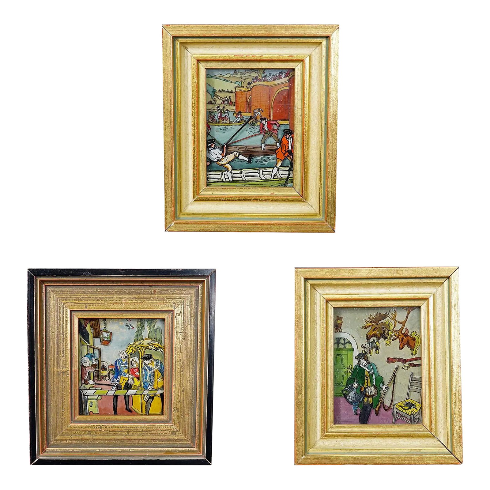 Three Vintage Behind Glass Paintings With Biedermeier Scenes (1 of 8)