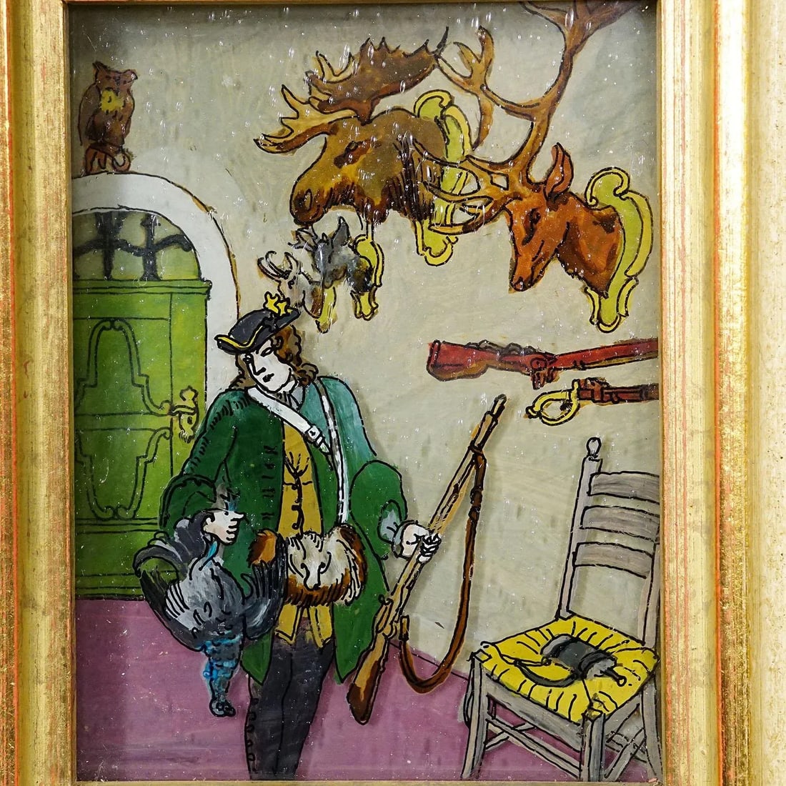 Three Vintage Behind Glass Paintings With Biedermeier Scenes - 6