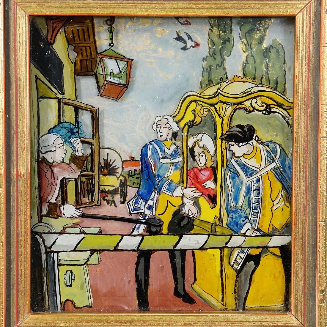 Three Vintage Behind Glass Paintings With Biedermeier Scenes - 7