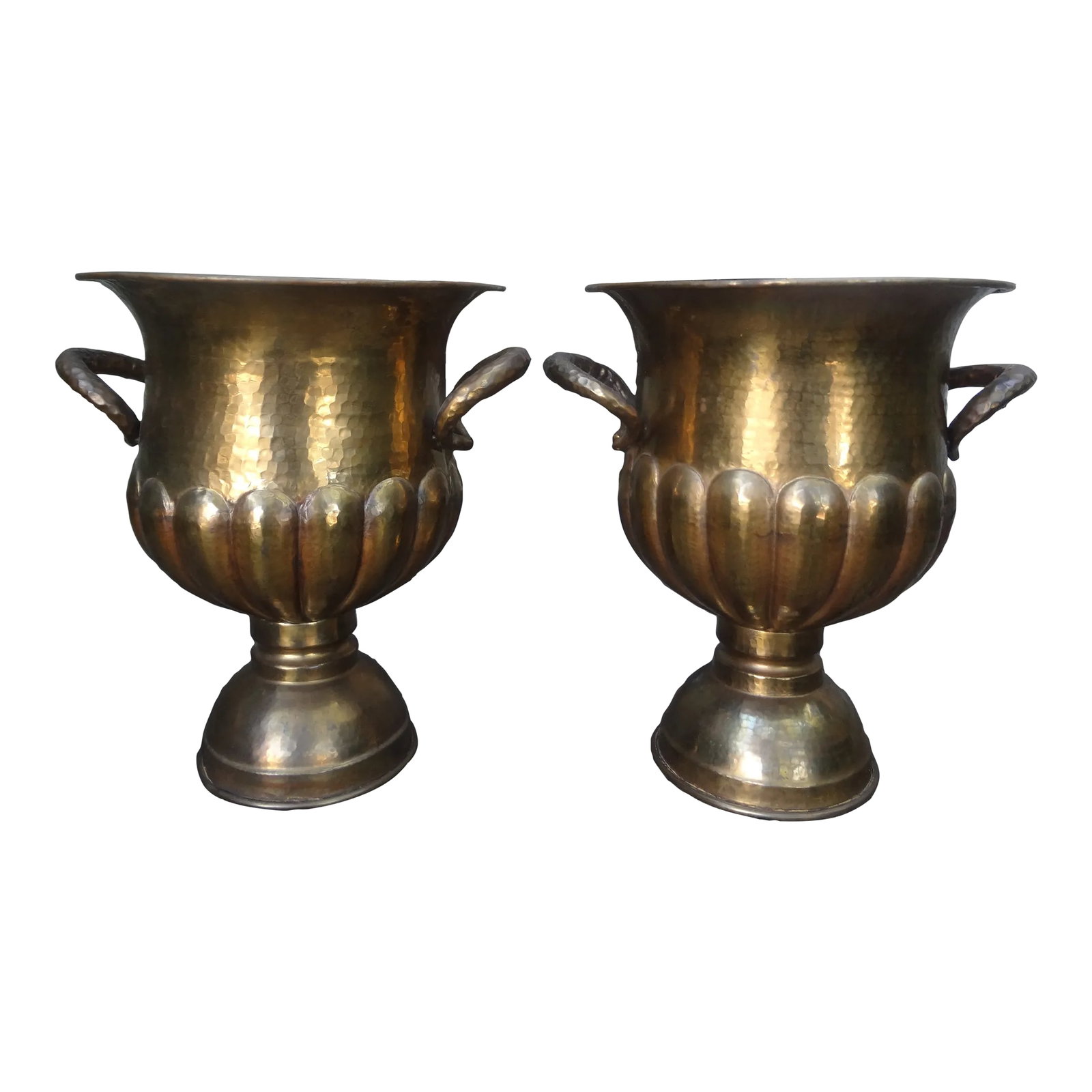 Pair of Vintage Italian Brass Wine or Champagne Coolers: Pair Of Vintage Italian Brass Wine Or Champagne Coolers. This pair of Italian brass wine or champagne coolers or urns with hammered brass handles. in the manner of Egidio Casagrande would work as