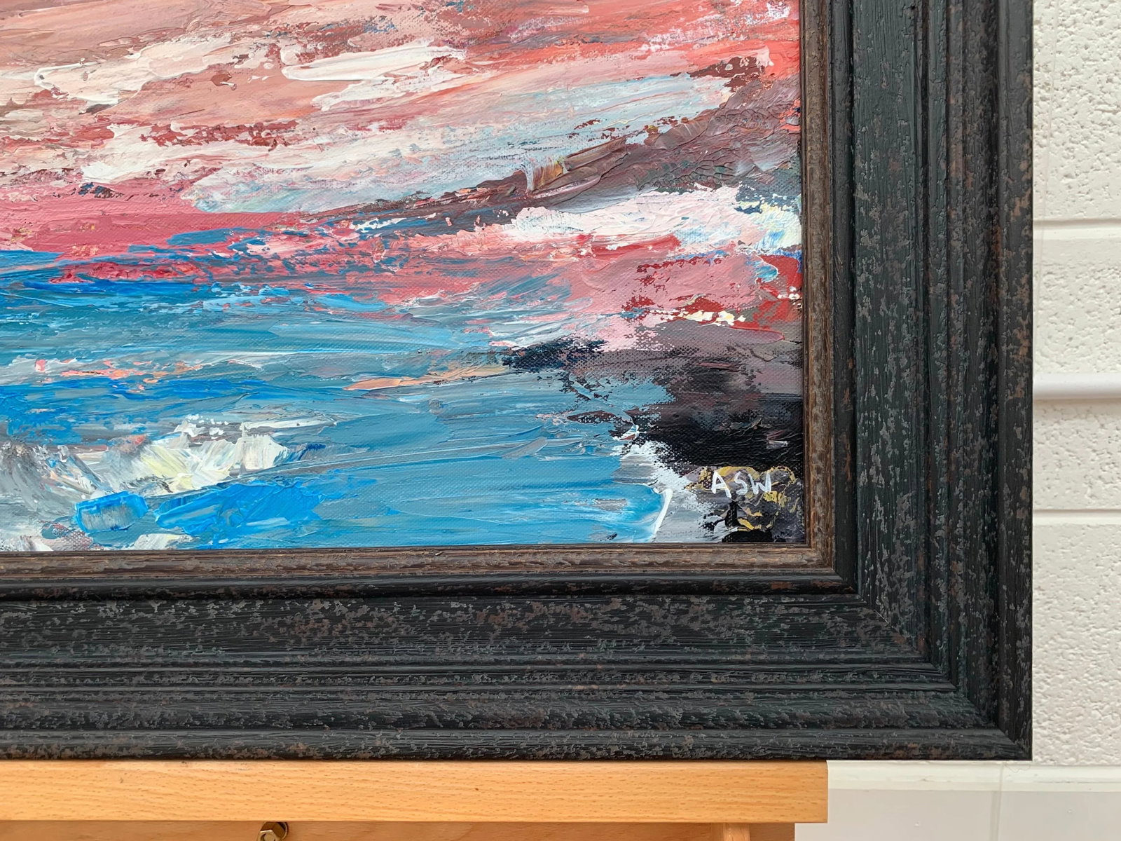 Pink & Blue Expressive Abstract Lake Seascape - Unique Original Art by Contemporary British Artist, - 3