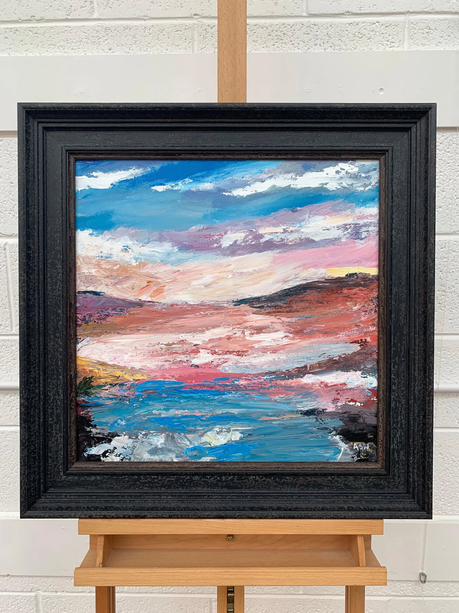 Pink & Blue Expressive Abstract Lake Seascape - Unique Original Art by Contemporary British Artist, - 5