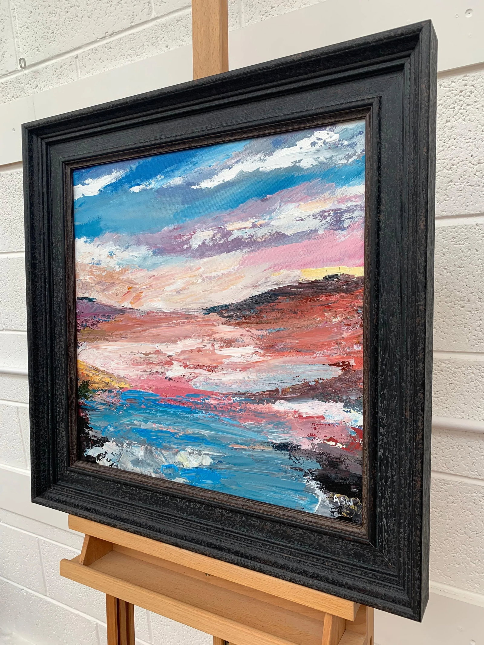 Pink & Blue Expressive Abstract Lake Seascape - Unique Original Art by Contemporary British Artist, - 6