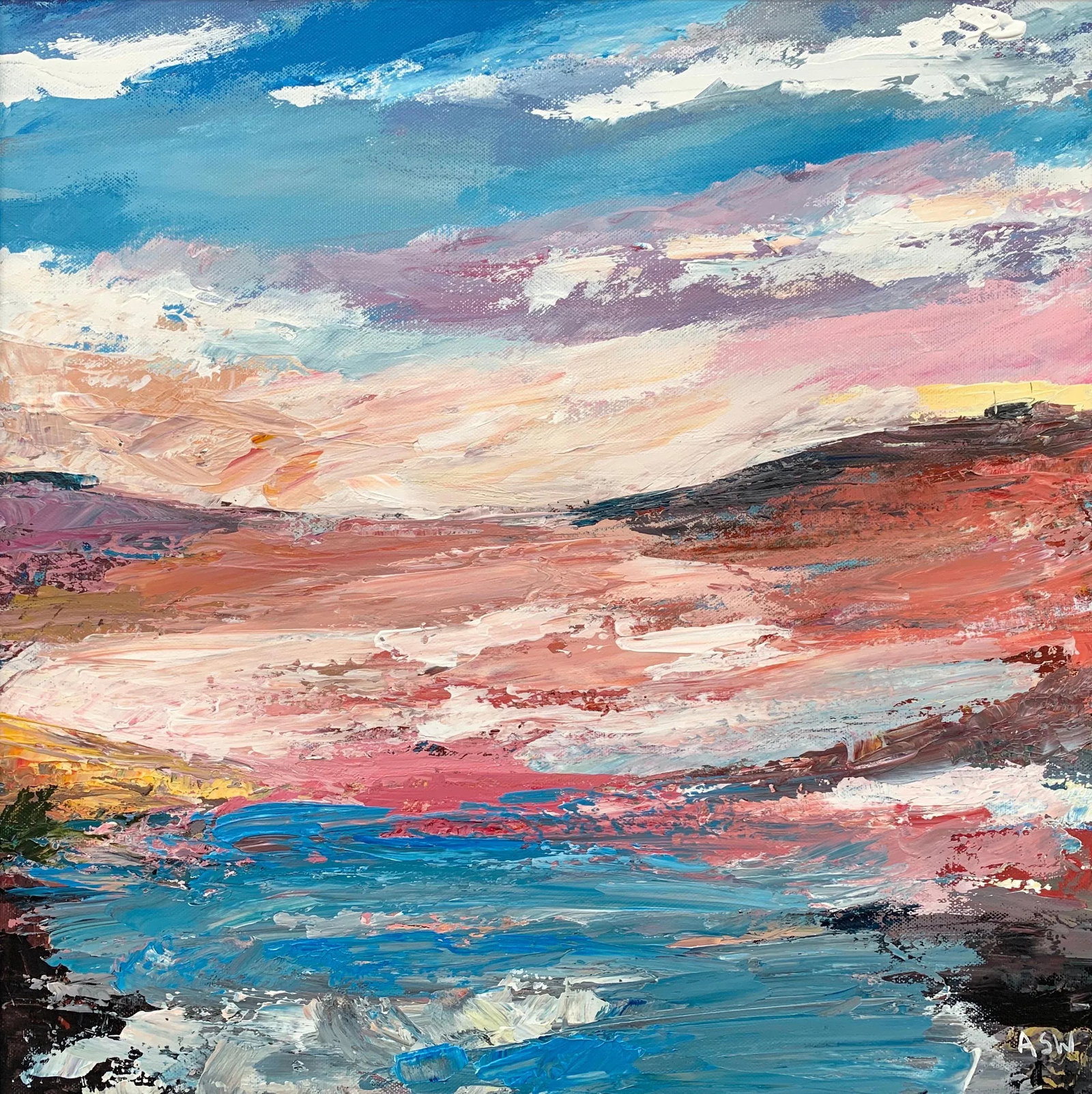 Pink & Blue Expressive Abstract Lake Seascape - Unique Original Art by Contemporary British Artist, - 7