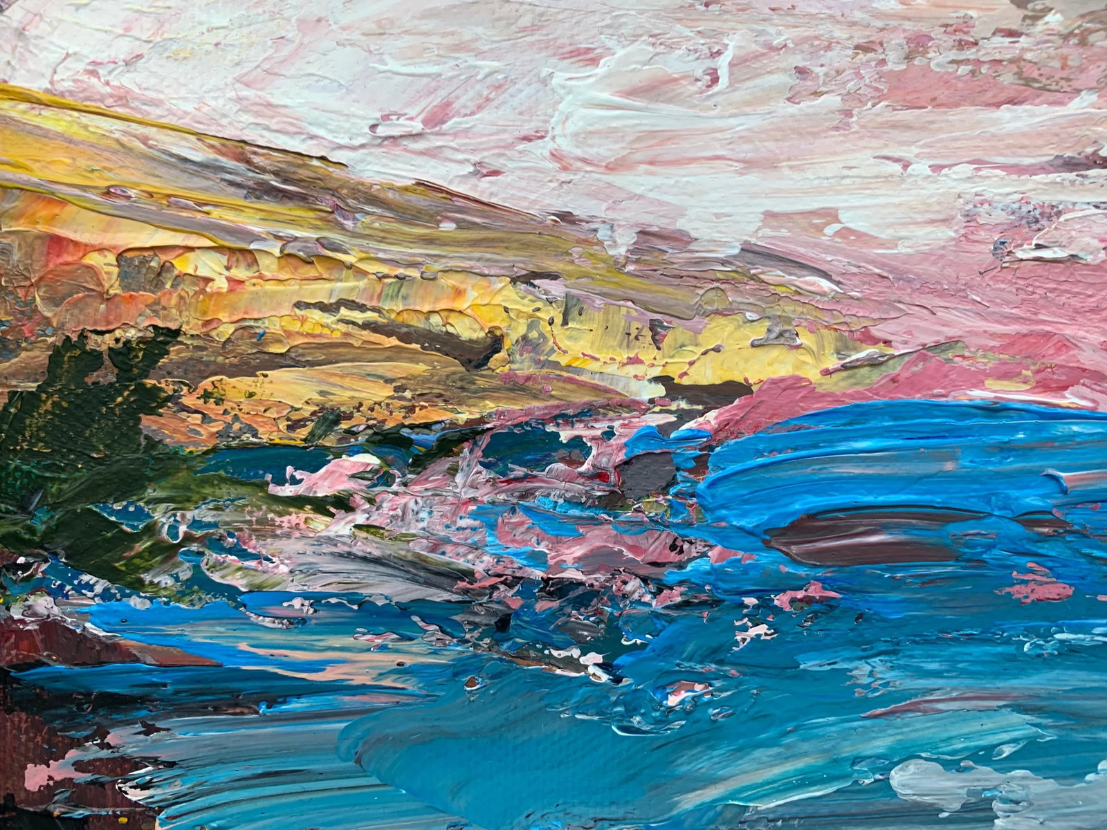 Pink & Blue Expressive Abstract Lake Seascape - Unique Original Art by Contemporary British Artist, - 8