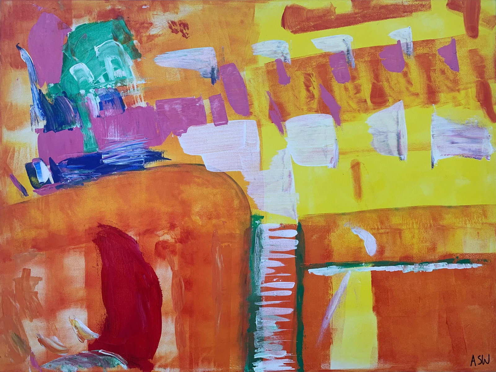 Abstract Painting With Yellow Orange Red & Pink - Unique Original Art by Contemporary British Artist: Abstract Painting with Yellow Orange Red & Pink by Contemporary British Artist, Angela Wakefield. This is the one of the earliest works from her Abstract Interior Design Series. Art measures 40 x 30