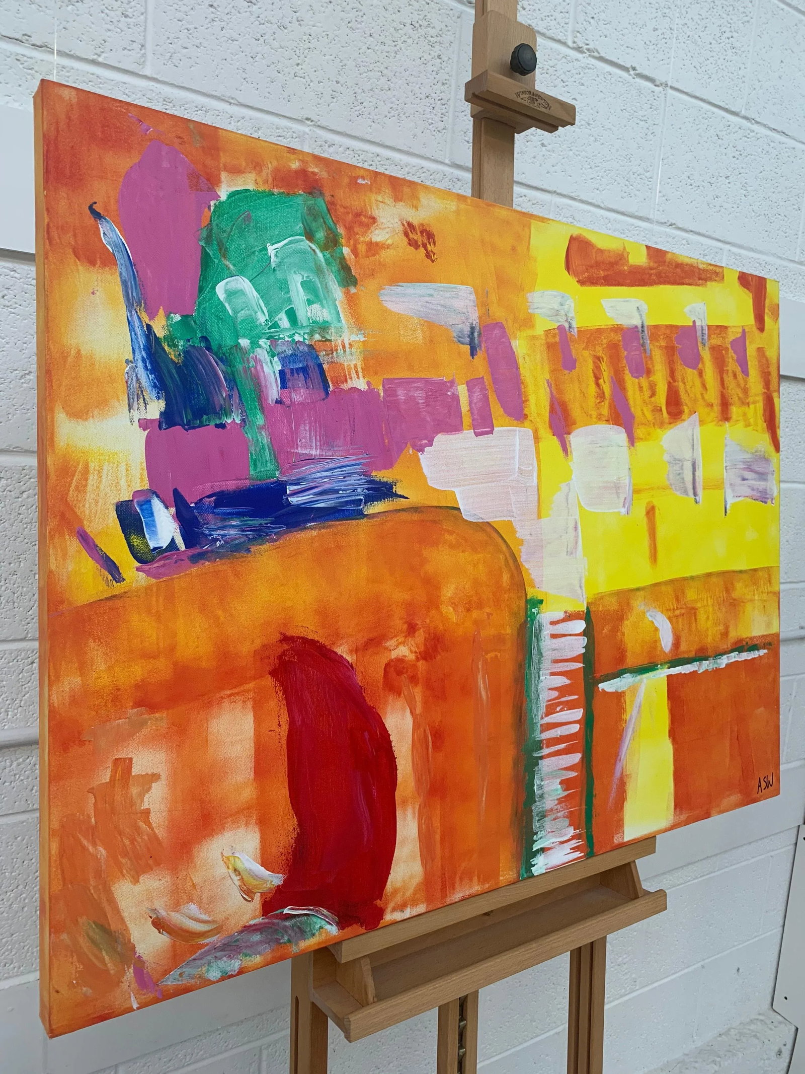 Abstract Painting With Yellow Orange Red & Pink - Unique Original Art by Contemporary British Artist - 2