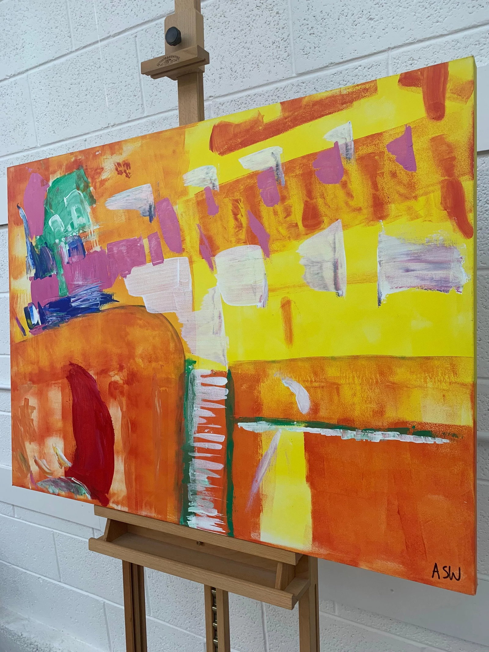 Abstract Painting With Yellow Orange Red & Pink - Unique Original Art by Contemporary British Artist - 4