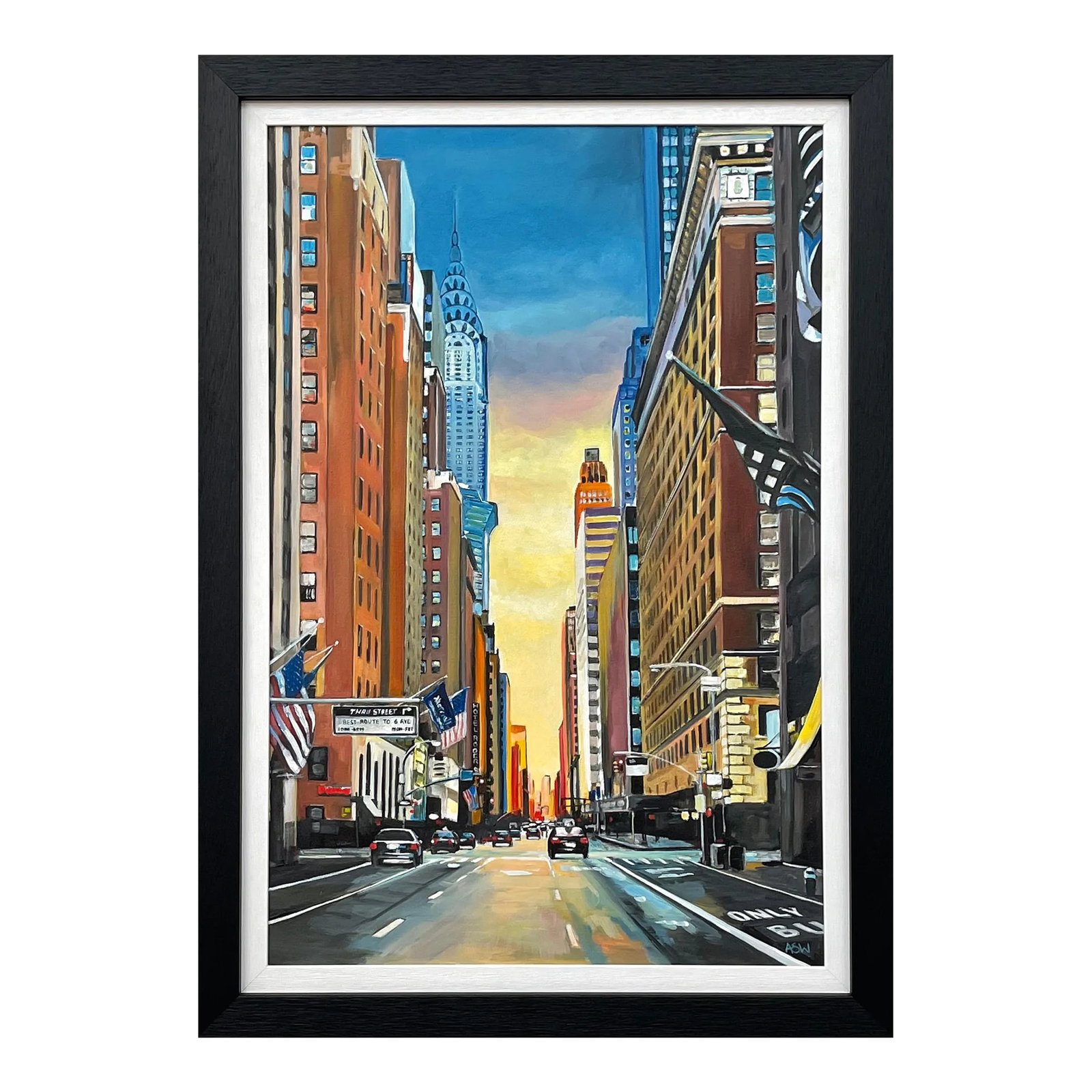 Chrysler Building 42nd Street New York City at Sunset With Golden Yellow Sky by Contemporary British: Original Painting of the Chrysler Building on 42nd Street, New York City, by Contemporary British Artist, Angela Wakefield Art measures 20 x 30 inches Frame measures 25 x 35 inches This original
