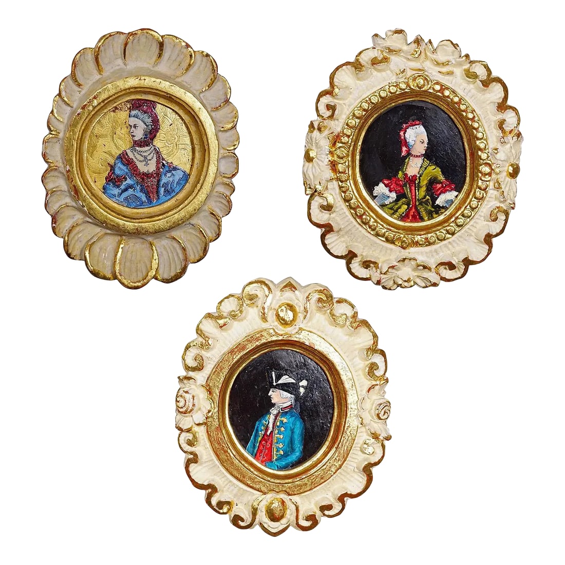 Set of Three Vintage Paintings With People in Rococo Costumes: Set of Three Vintage Paintings with People in Rococo Costumes A set of three paintings depicting two noble ladies and a noble man in Rococo costumes. Handpainted with enamel paint on wood. Germany