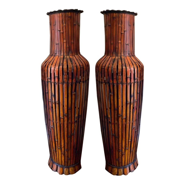1970s Pair of Oversized Bamboo Storage Pots: Very interesting pair of oversize bamboo style urns top quality. Everything is nice and tight. Unusual form and size no broken pieces space for storage easily could put plants. Condition: