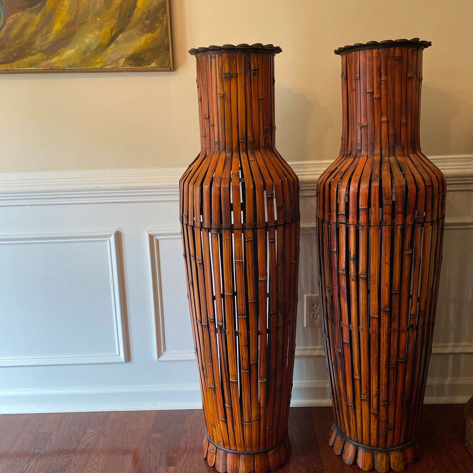 1970s Pair of Oversized Bamboo Storage Pots - 2