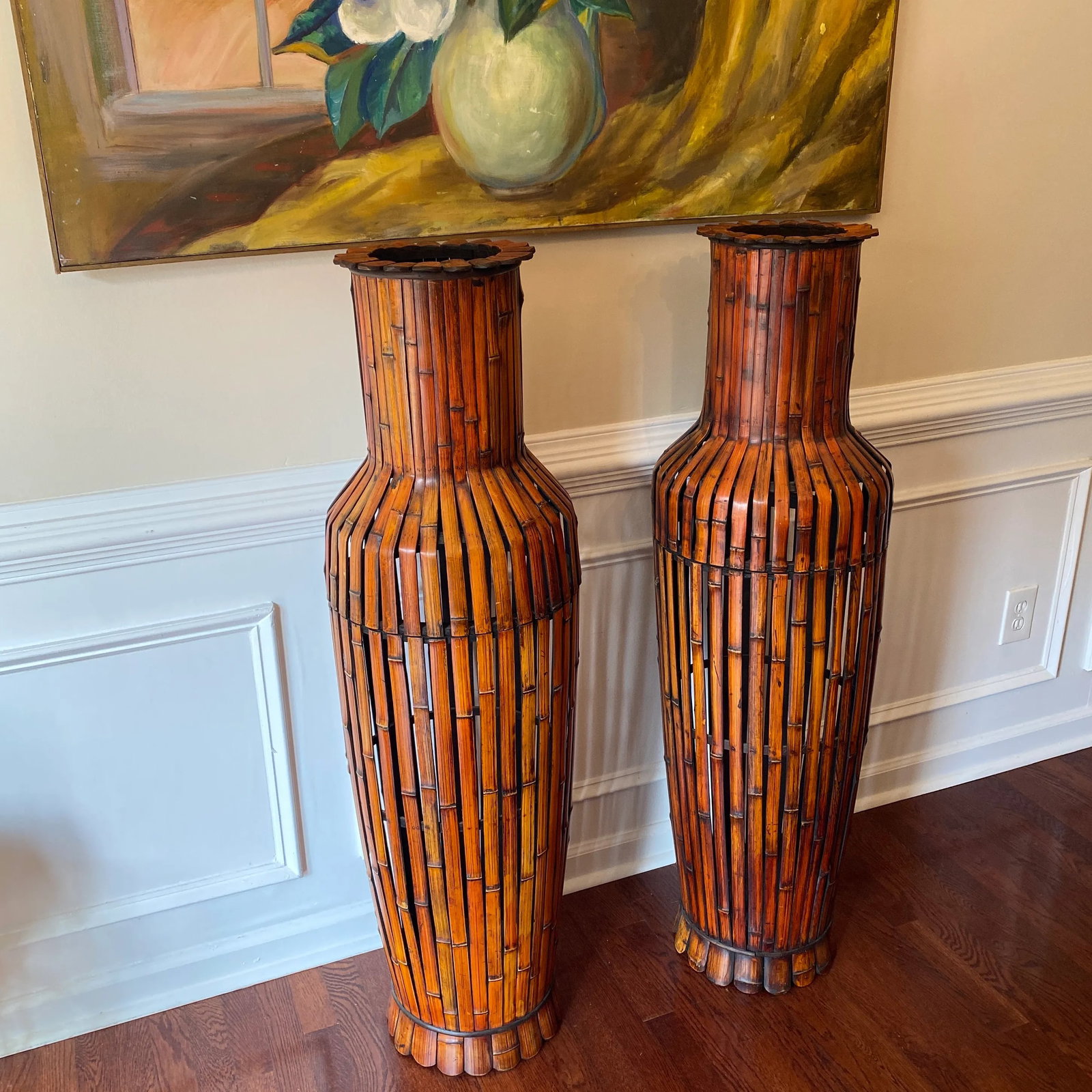 1970s Pair of Oversized Bamboo Storage Pots - 3