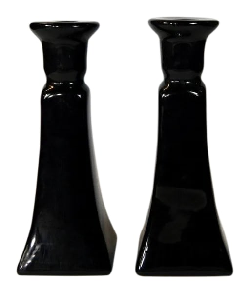 Black Porcelain Candle Holders - A Pair: A pair of black porcelain candle holders that look great with taper stick candles. Condition: Condition Notes: Excellent - Minor wear consistent with age and history Materials & Techniques: