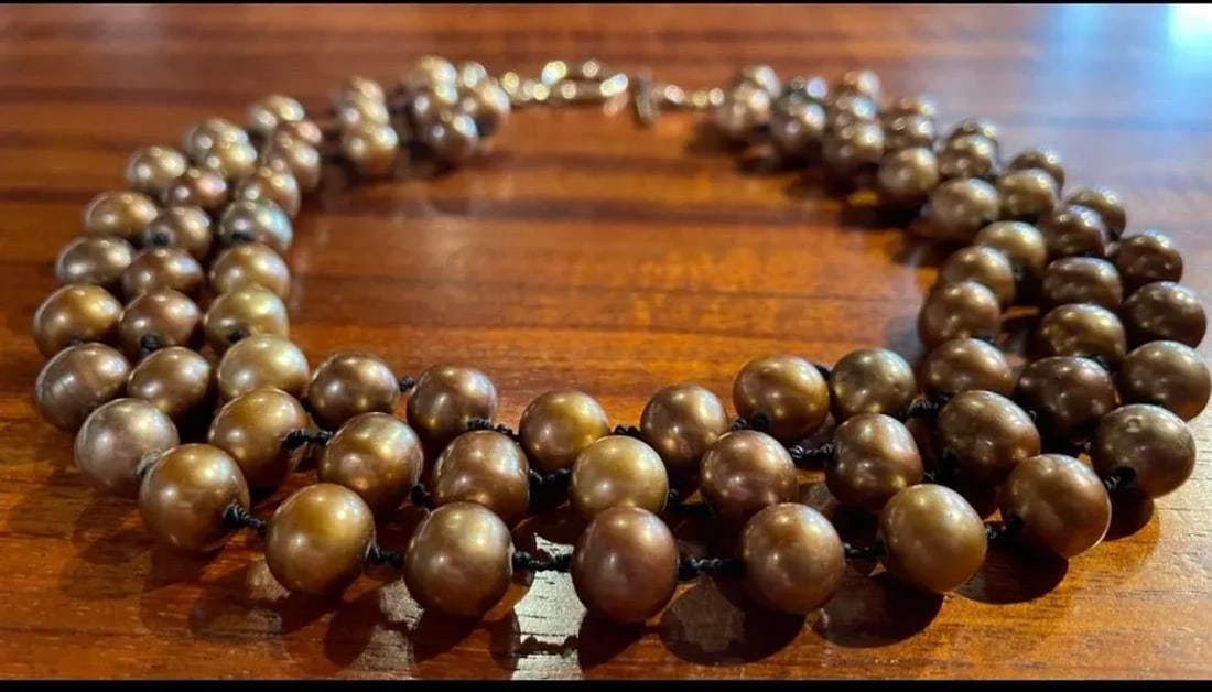 Triple Strand Bronze Pearl Choker Necklace With 14k Clasp - 7