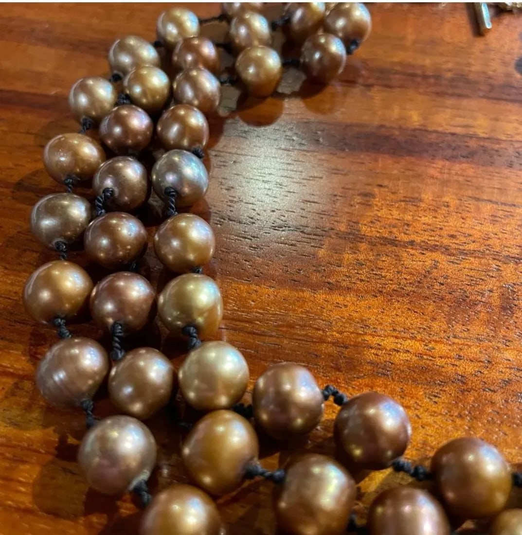 Triple Strand Bronze Pearl Choker Necklace With 14k Clasp - 8
