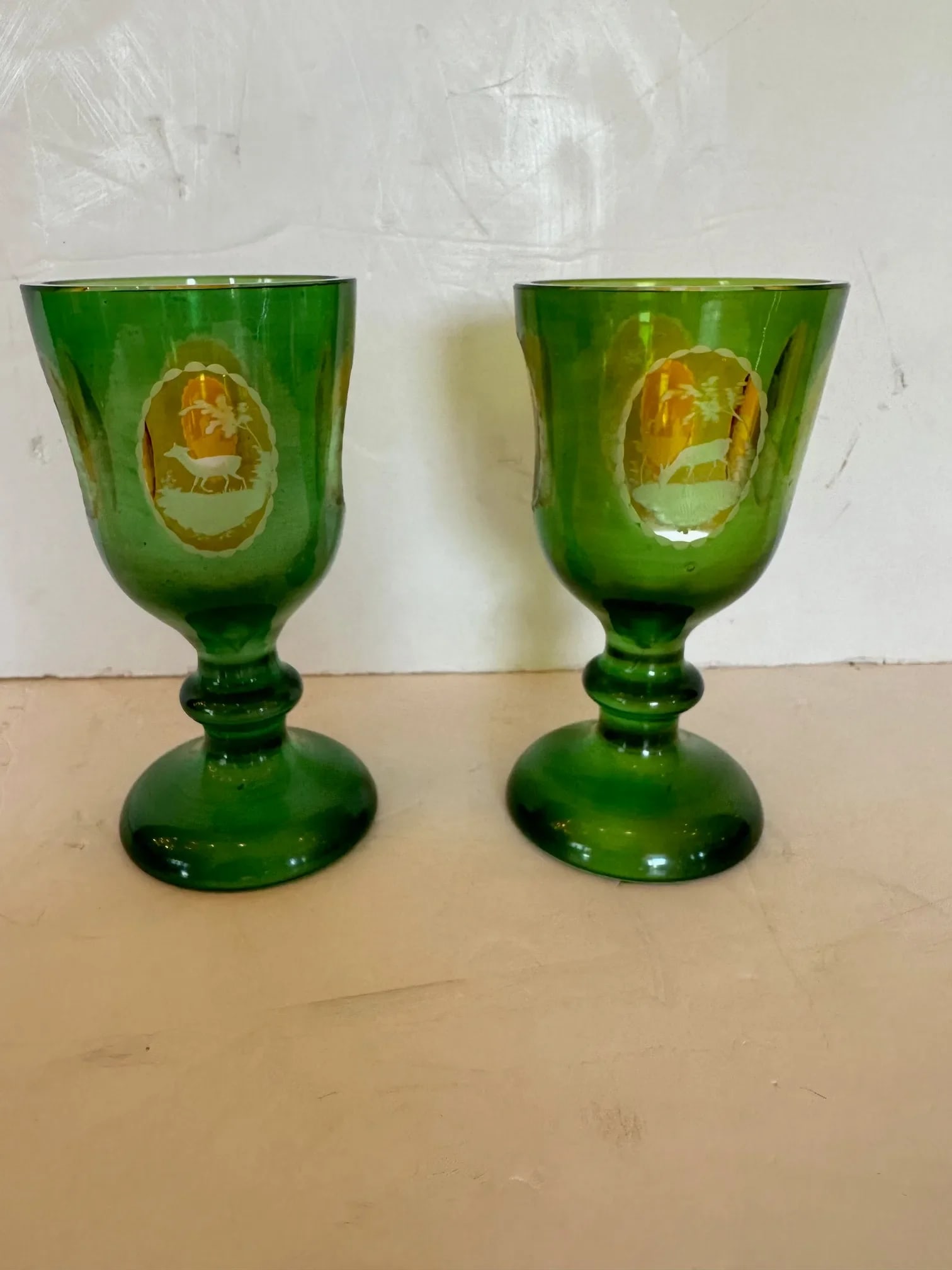 Antique Czech Bohemain Overlay Glass Goblets -A Pair - 3