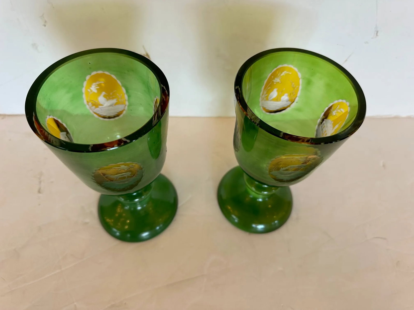 Antique Czech Bohemain Overlay Glass Goblets -A Pair - 6