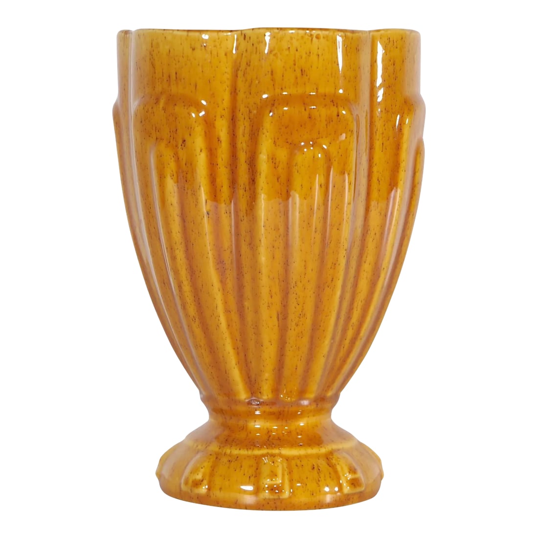 Moderist Mid Century Hager Pottery Vase: Attractive modernist ceramic vase with a geometric raised relief surface. The vase features a high finish glaze with brim specking on a sand brown ground. This example is in excellent, clean,