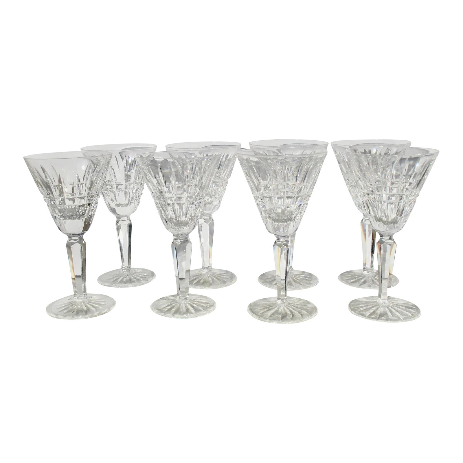 Waterford Crystal Glenmore Wine Glass Set of 8: Glenmore pattern Waterford. A fine set of wine stemware from the mid-century with faceted stems, all hallmarked to the foot Waterford. The size is 6.6" tall and 3.5" wide. Midcentury Condition:
