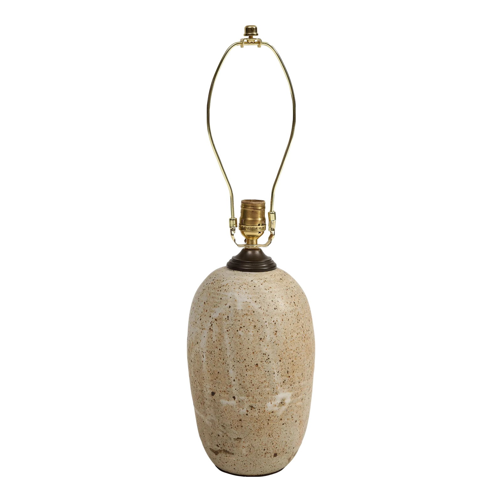 Midcentury American Glazed Pottery Table Lamp, Circa 1960: Midcentury American glazed pottery table lamp, circa 1960. Natural glaze with speckles. Condition: Alterations: Original Condition Unaltered Imperfections: Some Imperfections Condition Notes: Wear