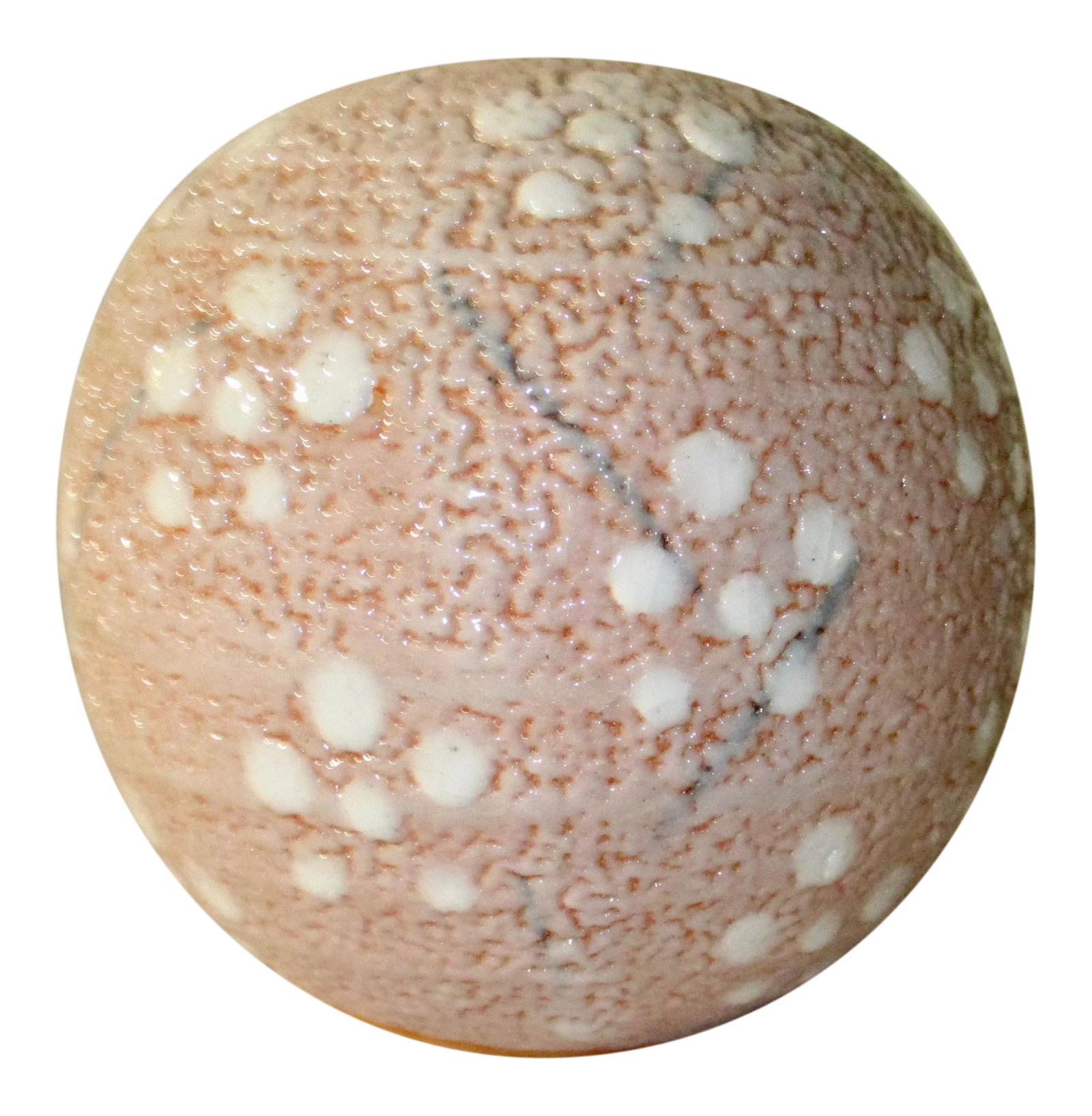Japanese Modern Art Pottery Shino Glaze Vase: Beautiful globe in modern style. Shino glaze with pinhole on stoneware body. Blush pink with a traditional floral pattern across the body. Signed to base. Condition: Alterations: Original Condition