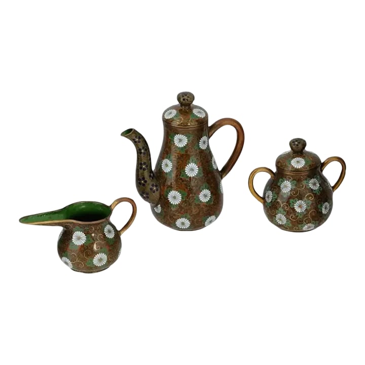 Antique Japanese Cloisonne Enamel Gold Stone Coffee Set- 3 Pieces (1 of 10)