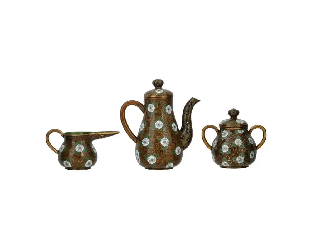 Antique Japanese Cloisonne Enamel Gold Stone Coffee Set- 3 Pieces - 2