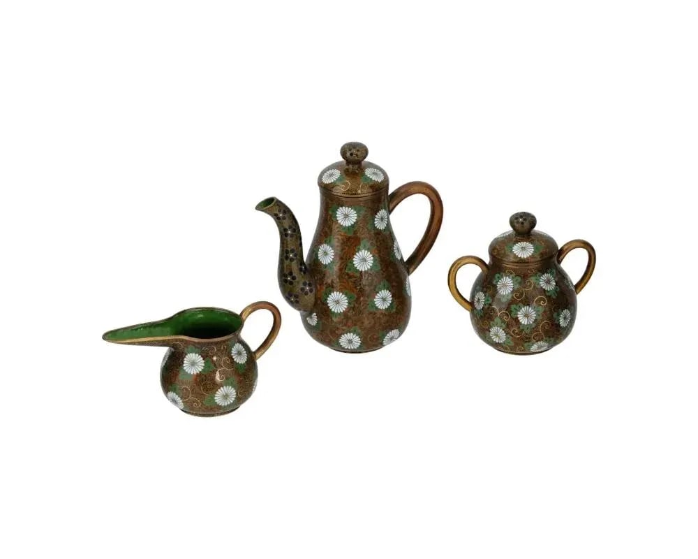 Antique Japanese Cloisonne Enamel Gold Stone Coffee Set- 3 Pieces - 3