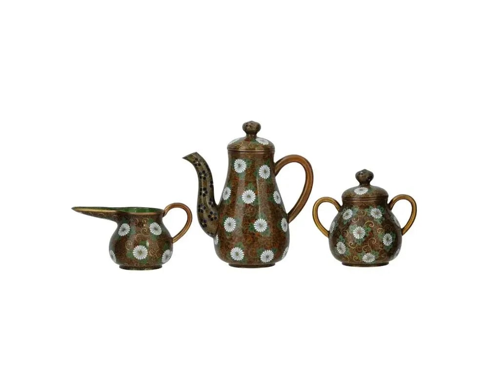 Antique Japanese Cloisonne Enamel Gold Stone Coffee Set- 3 Pieces - 4