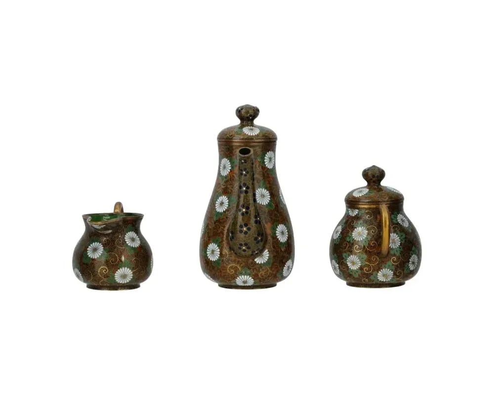 Antique Japanese Cloisonne Enamel Gold Stone Coffee Set- 3 Pieces - 5