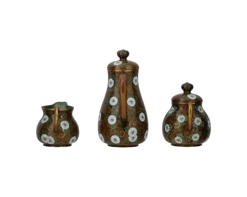 Antique Japanese Cloisonne Enamel Gold Stone Coffee Set- 3 Pieces - 7