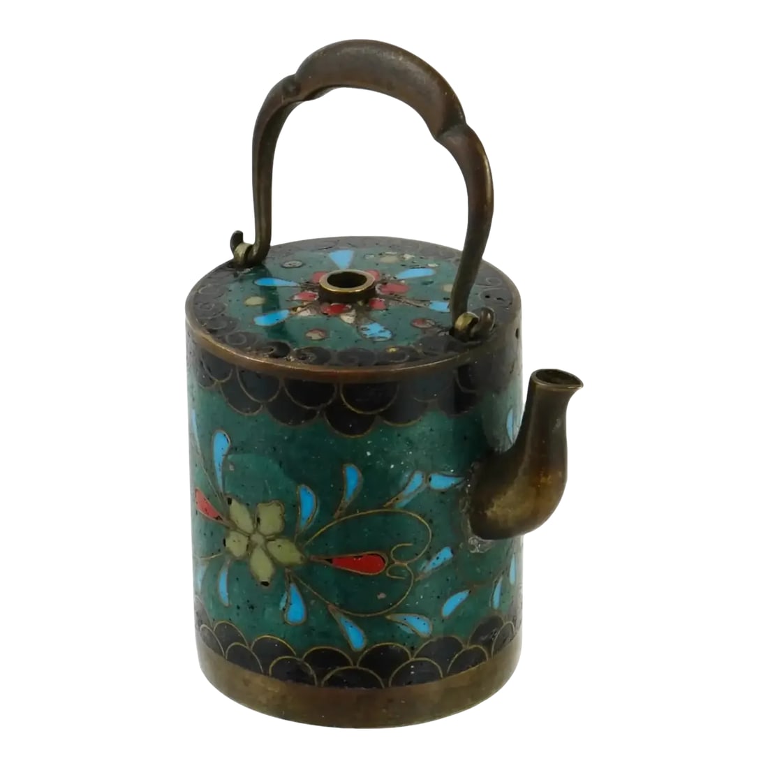 Antique Japanese Meiji Cloisonne Enamel Water Dropper: An antique Japanese copper water dropper with cloisonne enamel design. Meiji period, 1868 to 1913. Cylinder shape, moveable top handle. Polychrome floral pattern against the dark green background. A
