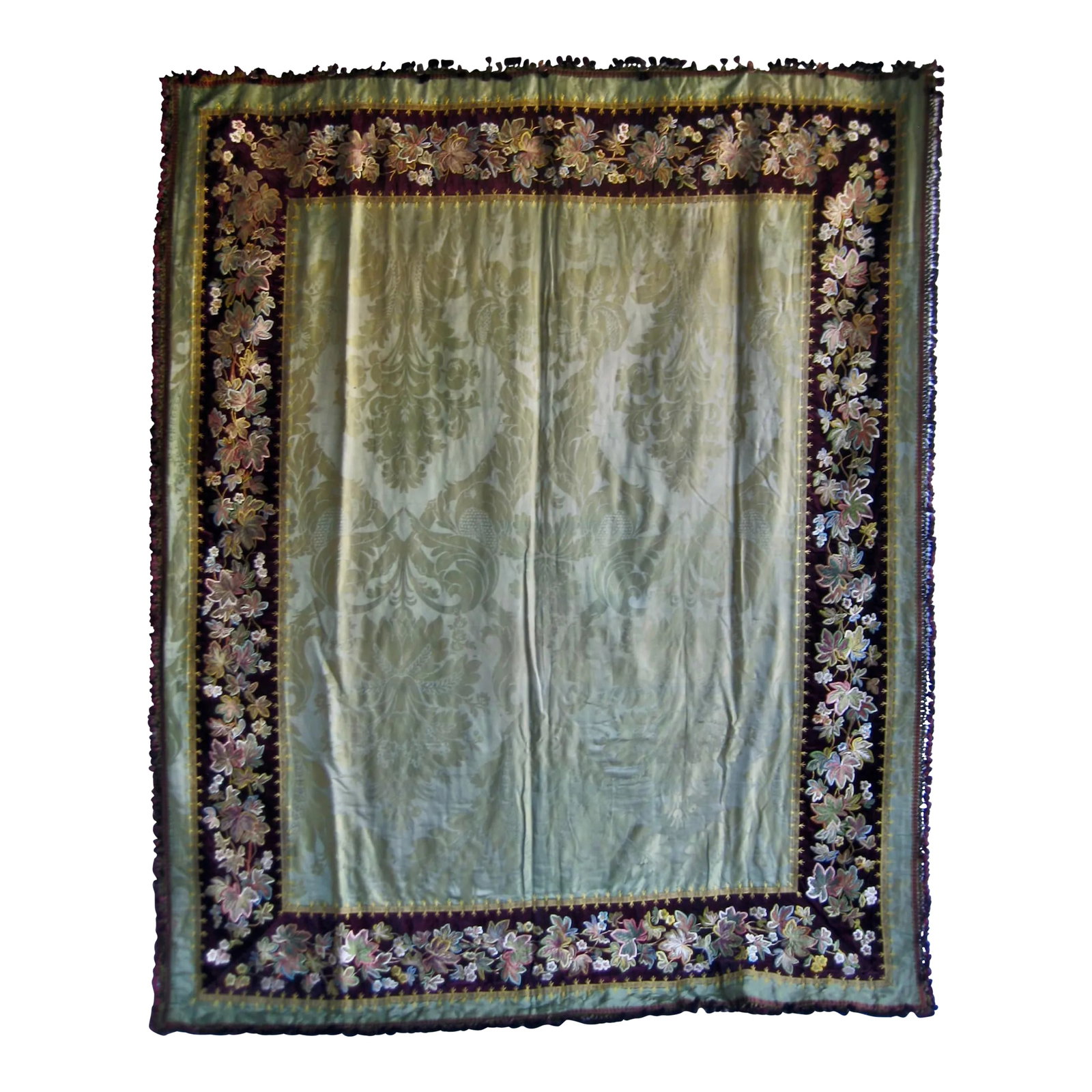 Large Late 19th Century Silk Embroidered Tablecloth Napoleon III: Stunning and rich tablecloth presenting a splendid and rich silk embroidered border on velvet ,all floral shows a large selection of flowers of multiple colors the center present a rich green damask