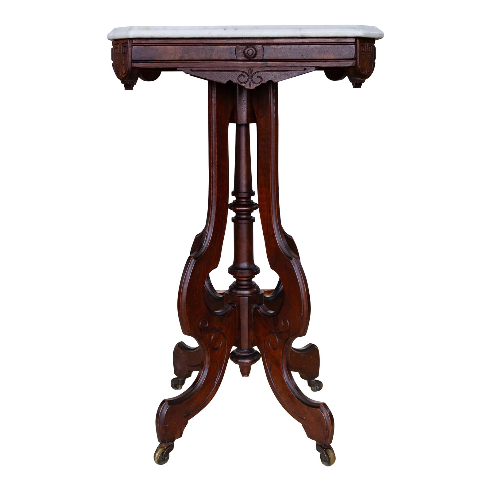 19th C. Victorian East Lake Stone Top Plant Stand or Side Table: This ornate Eastlake Victorian parlor table, plant stand, or side table boasts an ornate apron and its original soapstone top that features a graceful ogee edge. The wide central band of the apron